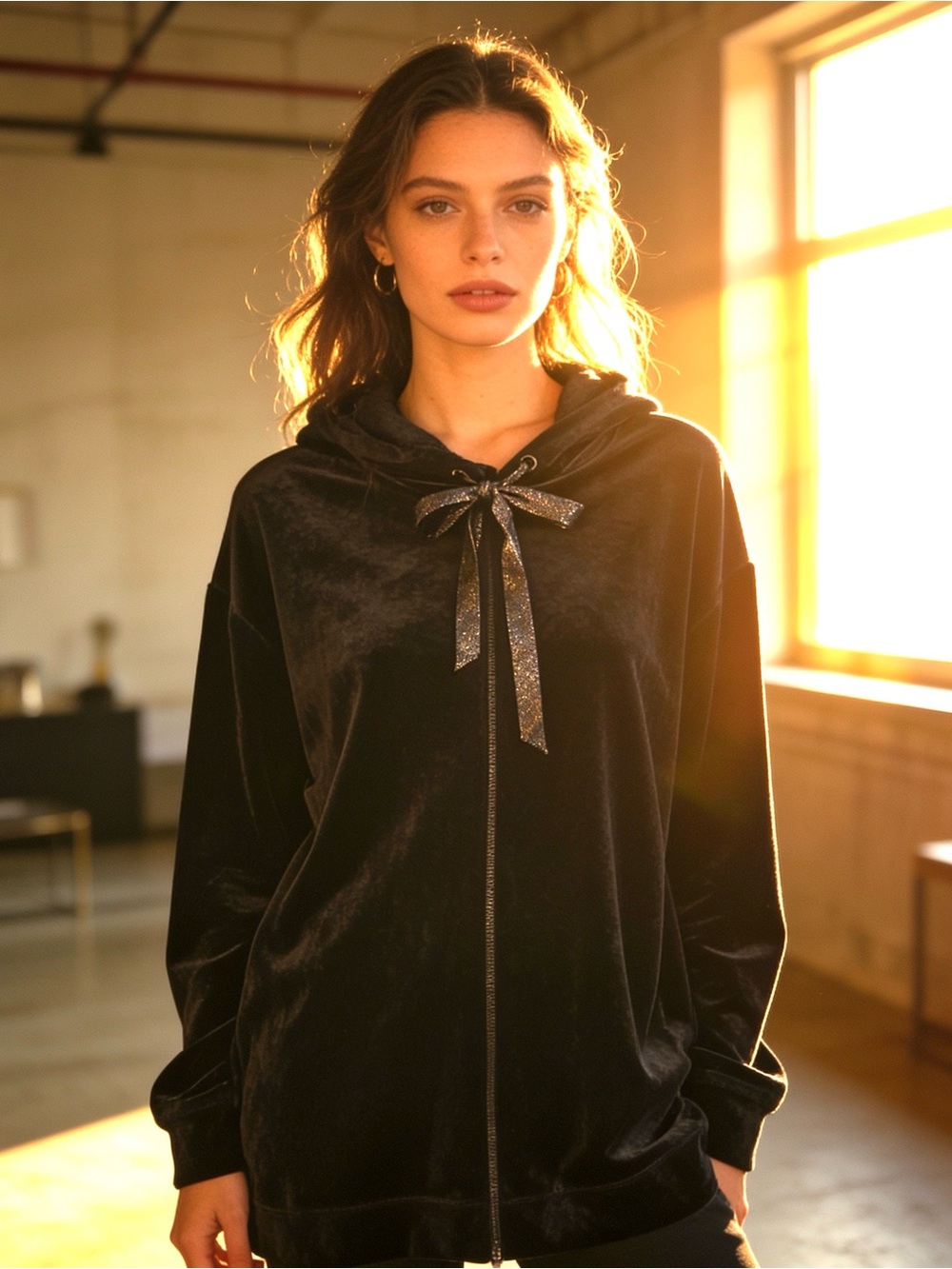 Chico's Black Velour Zip Hoodie with Sparkle Tie-size 1 (8-10)